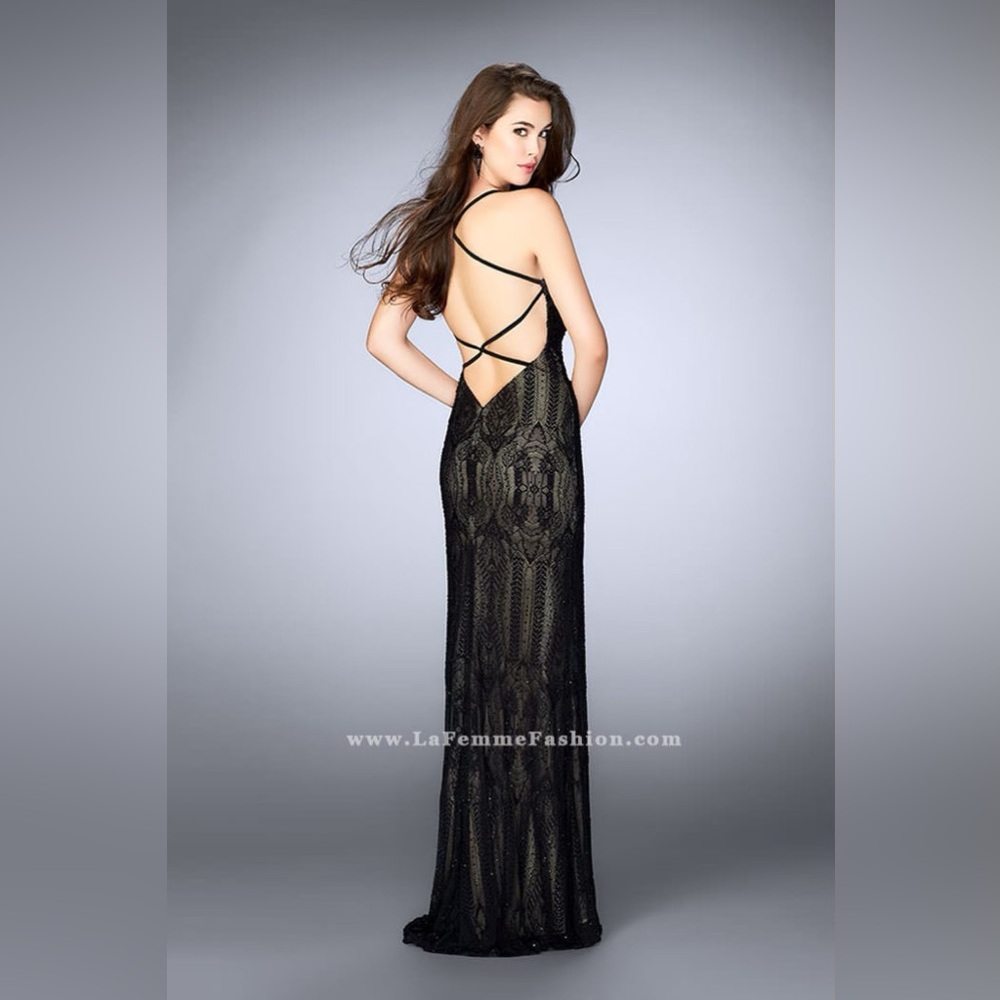 La Femme Black Lace Rhinestone Backless Gown 24131 - Picture 2 of 5